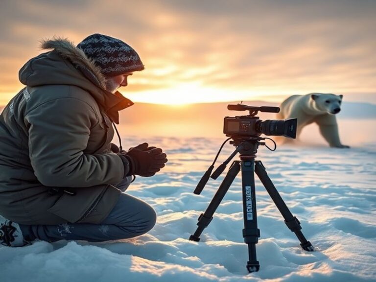A rugged, middle-aged man in a wetsuit adjusts a camera underwater, surrounded by swirling fish and coral. The water is cryst