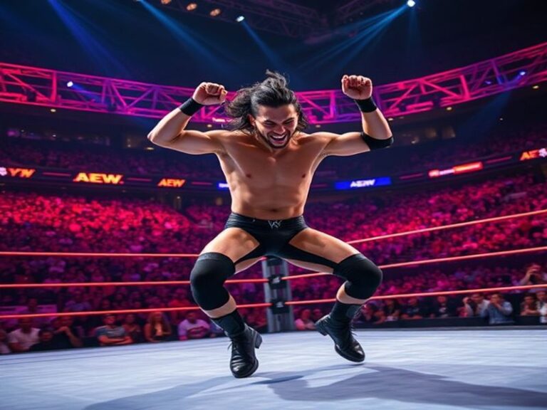 A dynamic action shot of Kenny Omega mid-match, executing a high-flying maneuver in a packed arena, with dramatic lighting hi