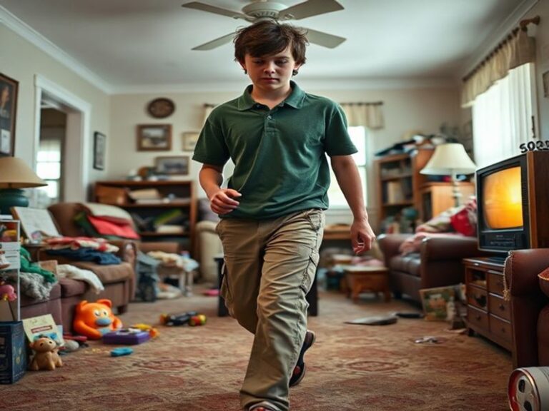 A chaotic family scene from Malcolm in the Middle: Malcolm seated at a messy kitchen table with his parents arguing in the ba