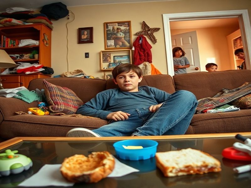 A chaotic family scene from Malcolm in the Middle—Malcolm sitting at the kitchen table with his head in his hands, Lois stand