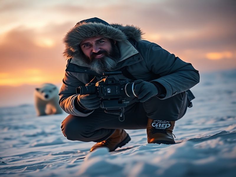 A rugged photographer in a thick parka stands on an icy Antarctic landscape, holding a professional camera with a large lens.
