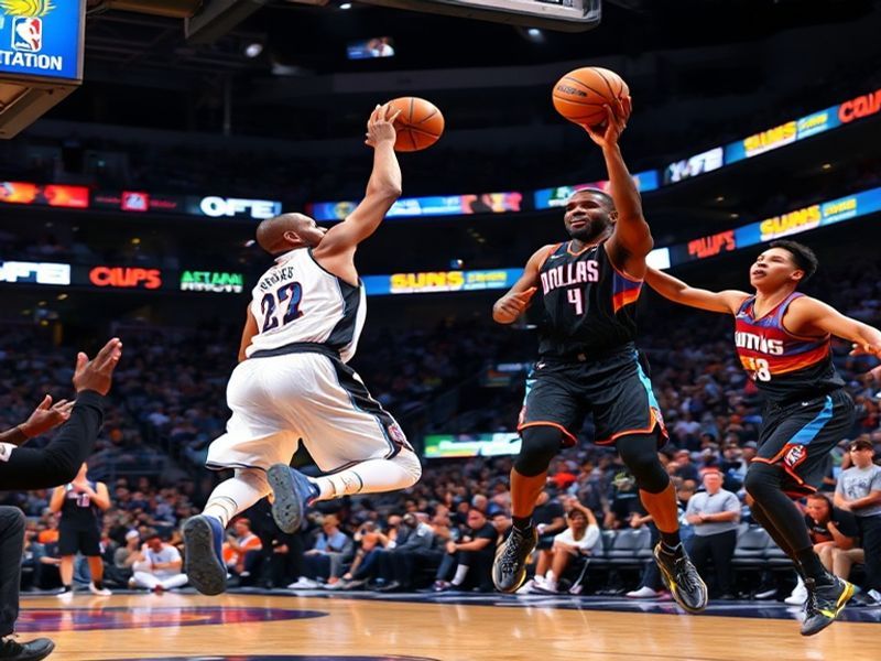 A split-screen image showing Luka Dončić and Devin Booker in action during a basketball game, with a smartphone displaying a