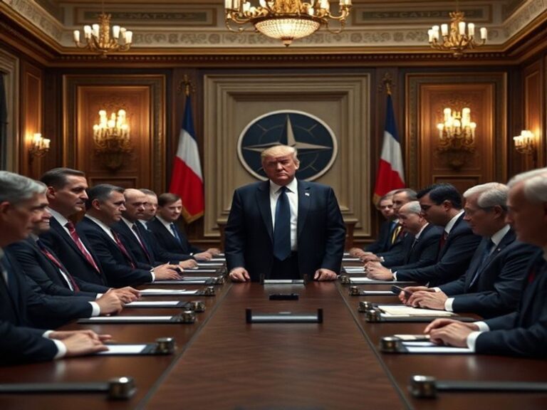 A split-image scene: On the left, Donald Trump speaking at a NATO summit with European leaders looking on skeptically; on the
