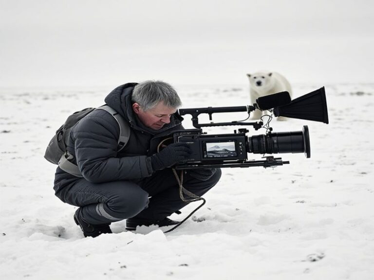 A rugged, middle-aged man in a thick parka stands in a snowy landscape, holding a professional video camera. The scene is bat