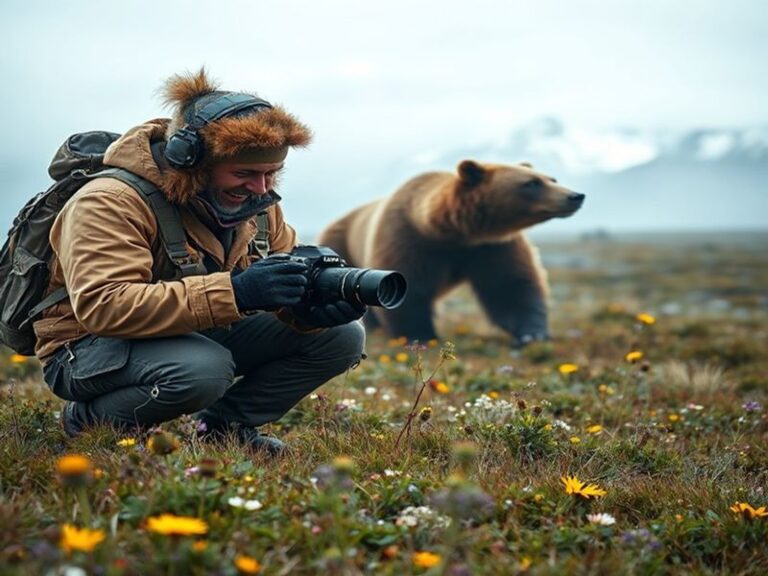 A rugged-looking Doug Allan in full winter gear, kneeling on an icy Arctic landscape while operating an old-school film camer