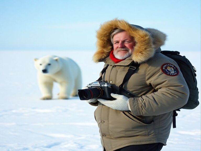 A cinematic shot of Doug Allan underwater, wearing scuba gear and filming with a professional camera, surrounded by marine li