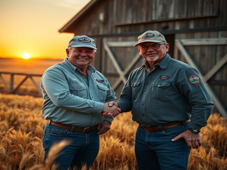 A diverse group of people in a rural setting gathered around a table, signing documents or shaking hands, with wind turbines