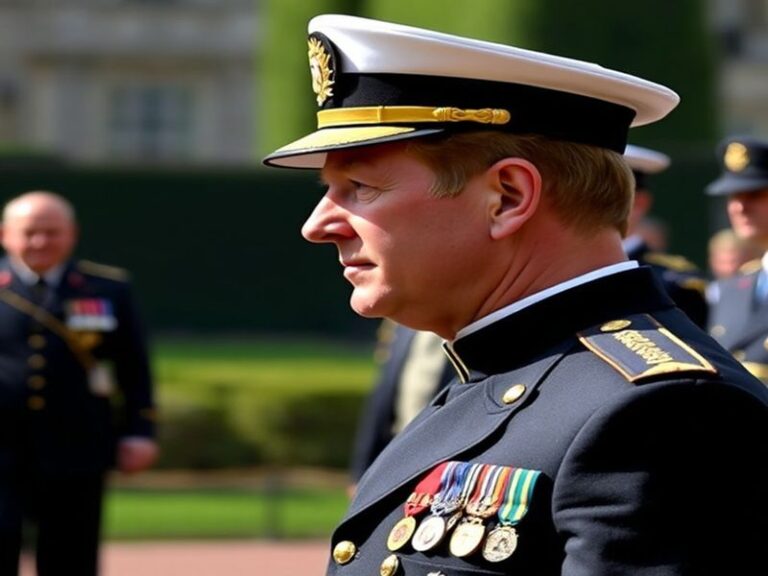 A composed portrait of Prince Andrew in a dark suit, standing in a dimly lit room with a somber expression. The background fe