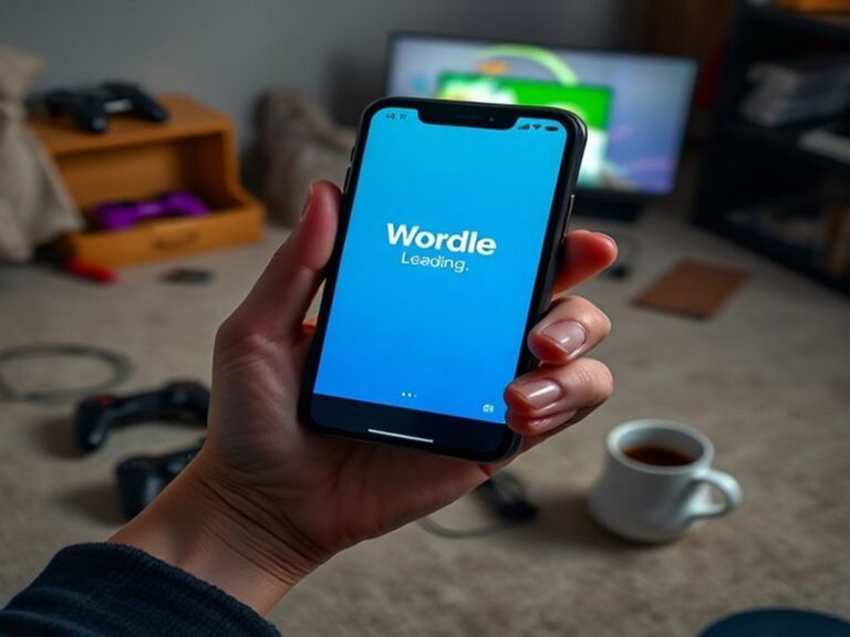 A frustrated Wordle player staring at a loading screen on a laptop, with a clock showing late-night hours. The screen display
