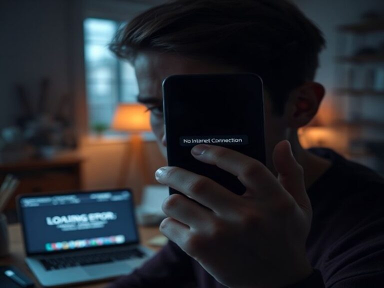 A split-screen image showing a darkened city skyline at night with glowing internet symbols flickering on and off across buil