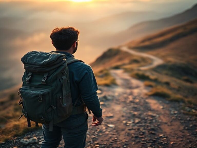 A lone hiker stands at the edge of a misty mountain trail, backpack on, gazing into the distance. The scene captures solitude