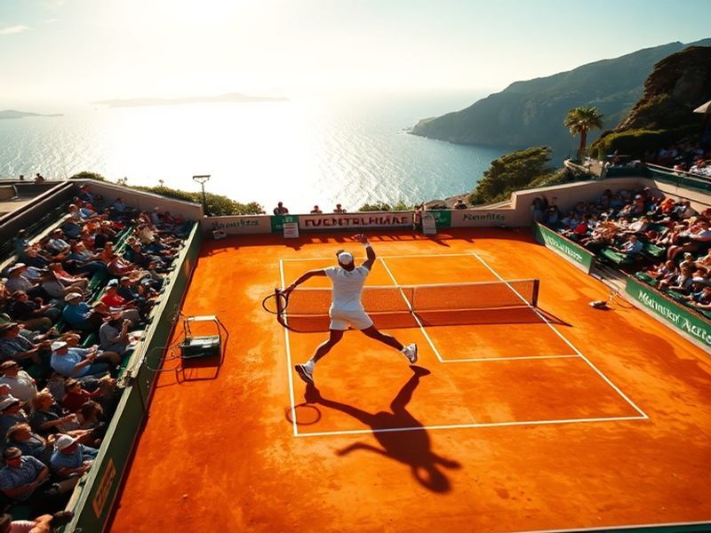 A dynamic overhead shot of the Monte-Carlo Country Club clay courts during a match, with players in motion, red clay visible,