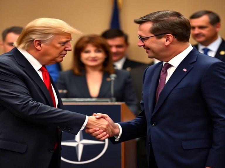 A formal meeting between Donald Trump and Mark Rutte in a well-lit room, with NATO flags and a world map in the background. T