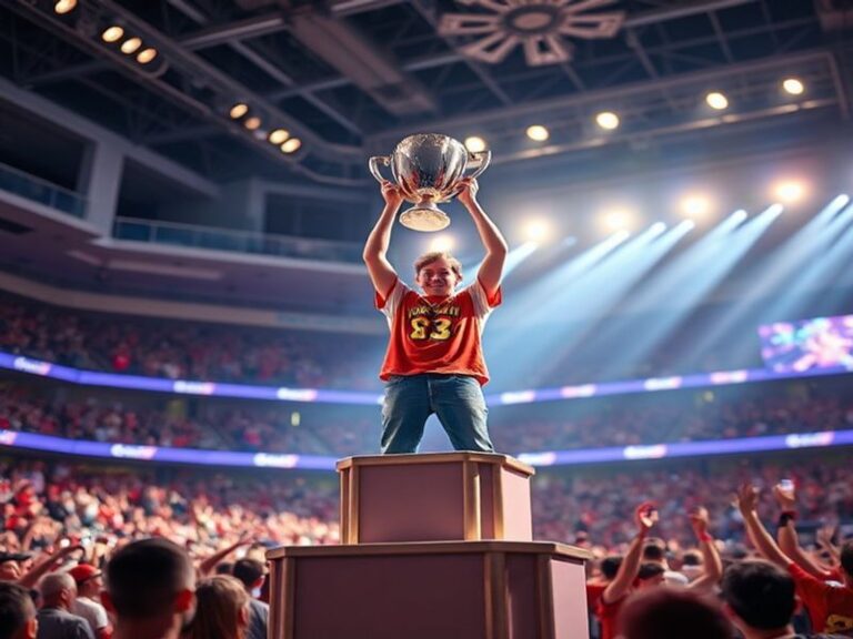 A vibrant scene of a Pokémon World Championships event, featuring players intensely focused on their screens, surrounded by o