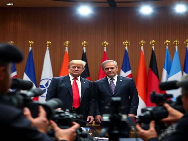 A formal meeting between Donald Trump and Mark Rutte at a NATO summit in Washington, D.C., with flags and security personnel