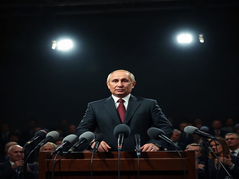 A split-image composition showing Putin speaking at a podium on one side, with Russian military ships and troops on maneuvers