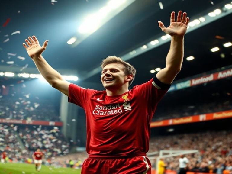 A dramatic action shot of Steven Gerrard mid-free-kick against PSG in 2008, with Anfield in the background, capturing the int