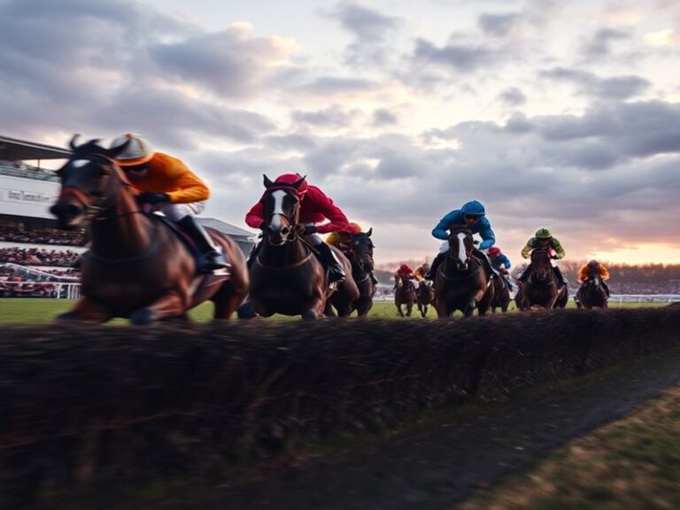 A panoramic view of Aintree Racecourse during Grand National day, showing the packed grandstands, emerald-green turf, and the