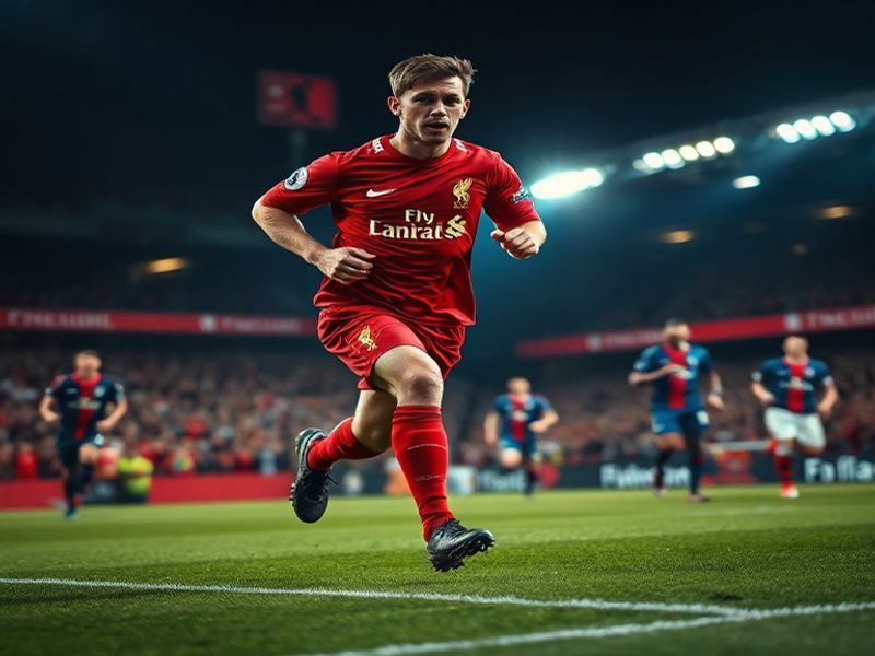 A dynamic action shot of Steven Gerrard in a red Liverpool jersey celebrating after scoring a long-range goal against PSG at