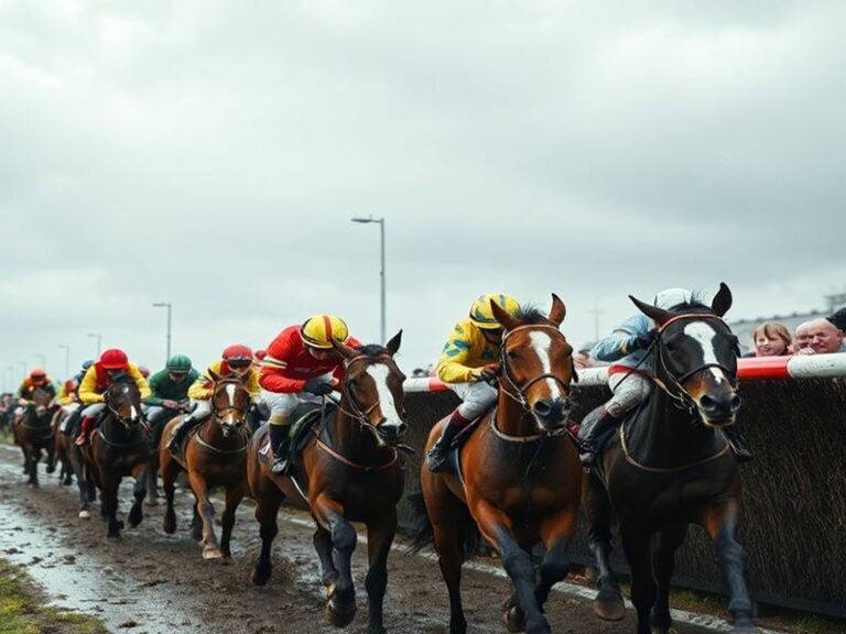 A panoramic view of Aintree Racecourse during the Grand National, showcasing the historic grandstand, lush green fairways, an