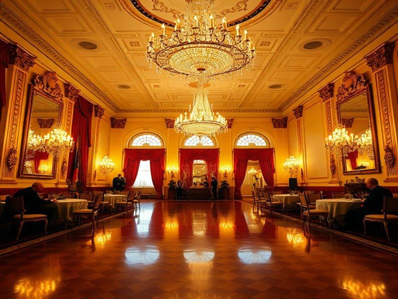 A grand, ornate ballroom with high ceilings, gold-leaf detailing, and elegant chandeliers. The room is adorned with portraits