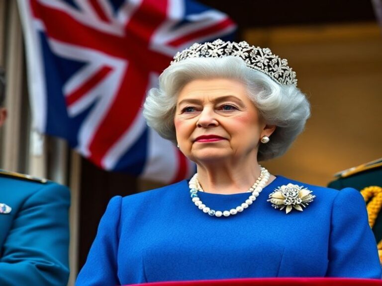 A dignified, full-length portrait of Queen Elizabeth II in her signature bright coat and hat, wearing the Sovereign’s Sash an