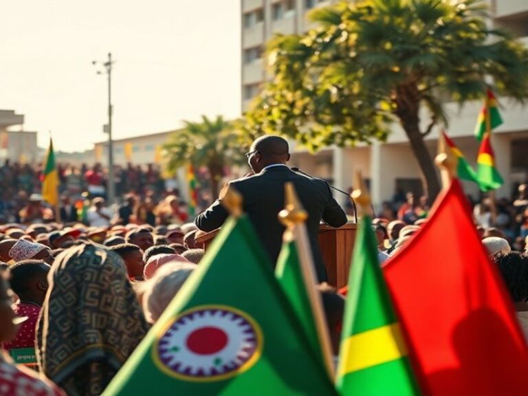 A portrait of Captain Ibrahim Traoré in military uniform, standing in front of Burkina Faso's national flag with soldiers in