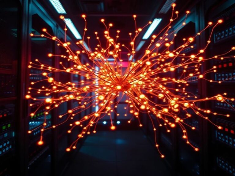 A futuristic digital workspace with holographic AI interfaces, neural networks visualized as glowing pathways, and a diverse