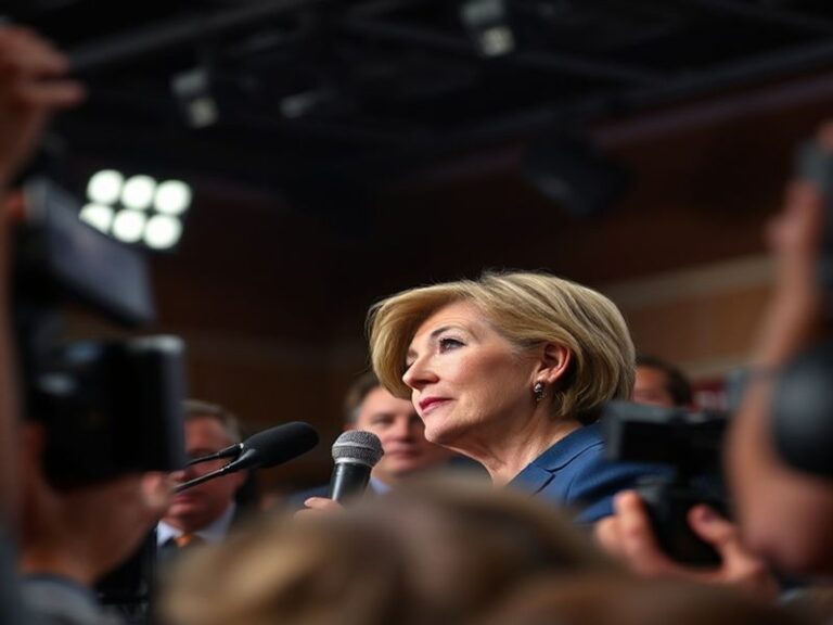 A professional portrait of Nancy Guthrie in a modern newsroom setting, holding a microphone or notebook, with a backdrop of d