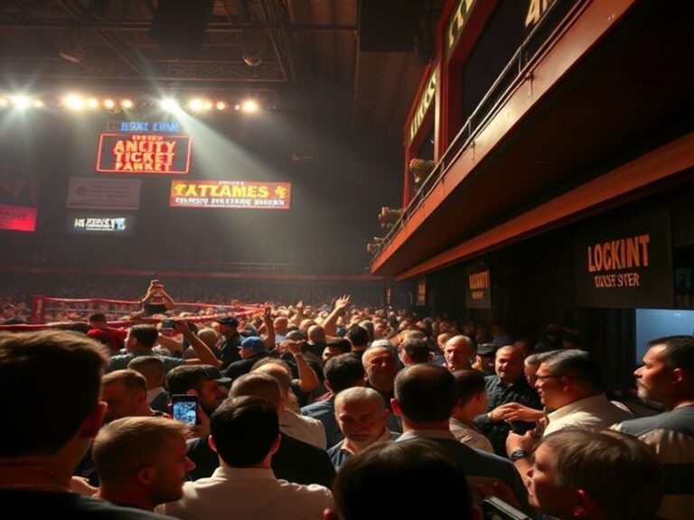 A packed arena with bright lights, cheering fans, and a ring illuminated for a Fury Fight event. The atmosphere is electric,