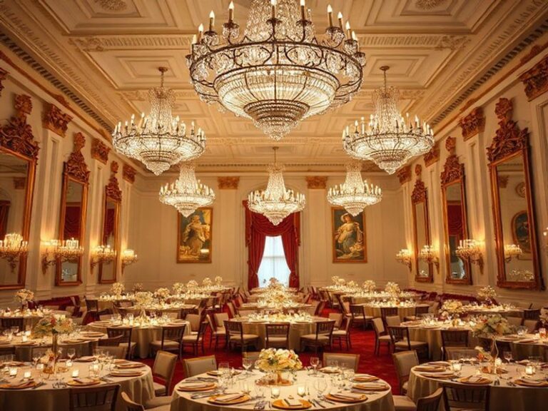 A grand view of the White House State Ballroom during an evening event, showcasing its opulent chandeliers, gold accents, and