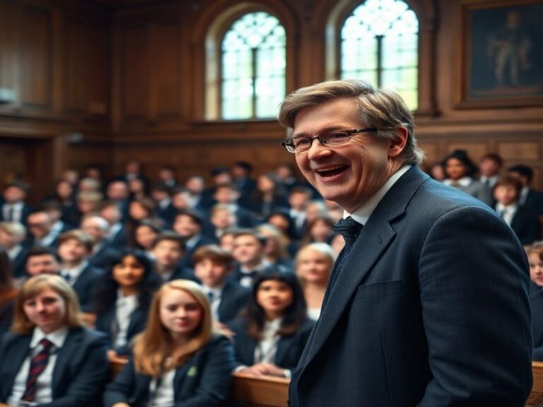 A candid black-and-white photo of Stephen Fry at the podium during a QI recording, mid-laugh, with panelists in the backgroun