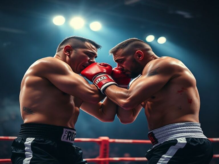 A packed indoor arena with Tyson Fury standing in the ring, arms raised, surrounded by cheering fans in red and gold, under b