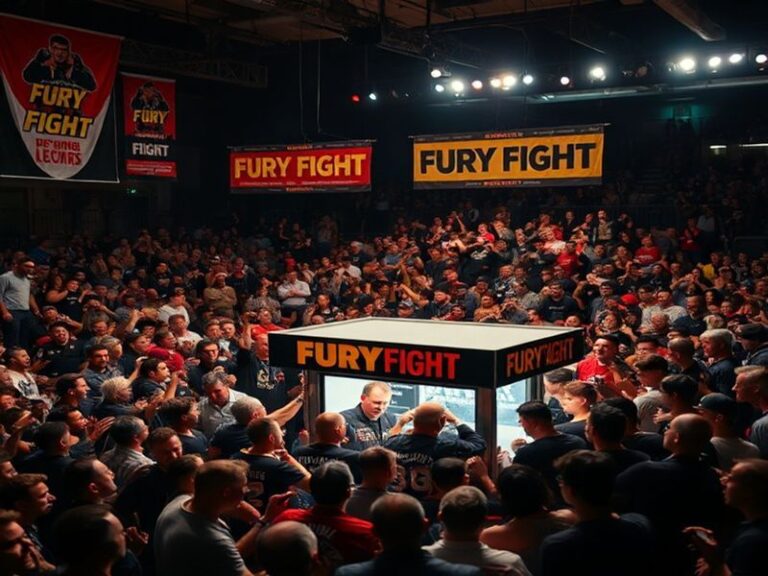 A vibrant image of a packed boxing arena during a Tyson Fury fight, showcasing excited fans and the electric atmosphere.