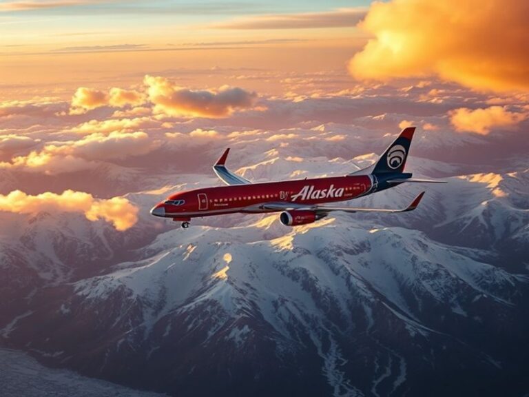 A modern AlaskaAir Boeing 737 MAX aircraft in flight, painted with the airline's signature logo, against a backdrop of snow-c
