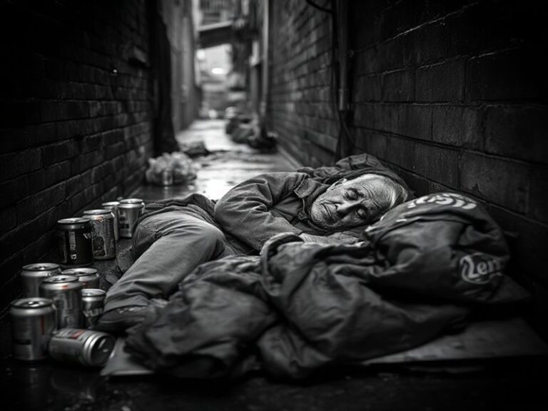 A diverse group of people sitting on benches in a city park at dusk, some holding blankets, others in conversation. The scene