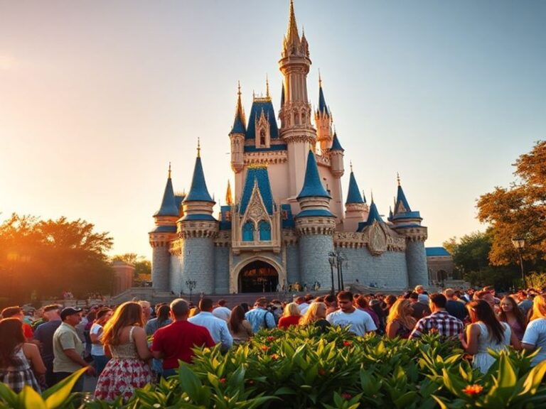 A vibrant aerial view of Walt Disney World Resort at dusk, showcasing Cinderella Castle in the Magic Kingdom, illuminated att