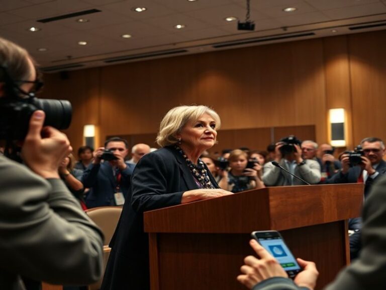 A professional portrait of Nancy Guthrie in a news studio, wearing a headset and speaking into a microphone, with a blurred b