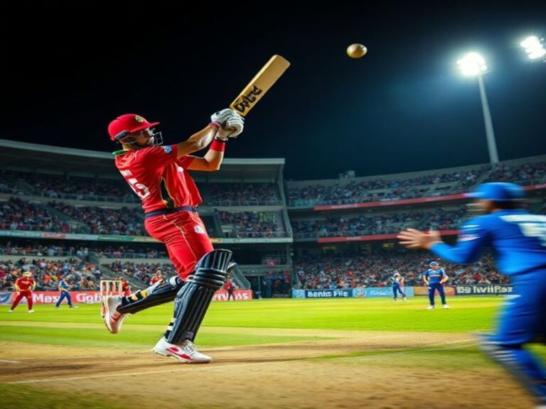 A vibrant cricket stadium at night with Lahore Qalandars and Islamabad United players in action. The scoreboard shows Lahore'