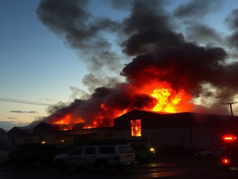 A warehouse interior with visible smoke, fire suppression systems in action, and firefighters assessing the scene. The settin