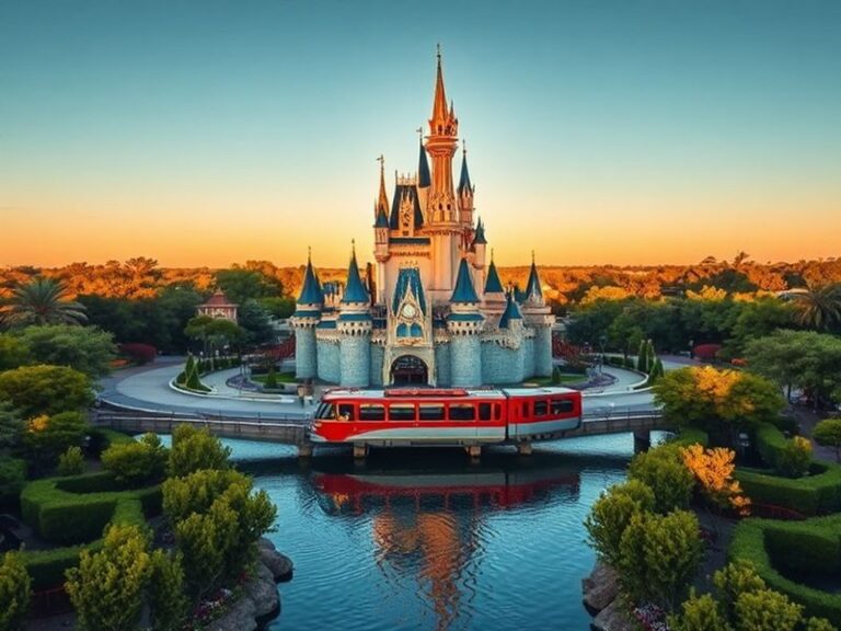 A vibrant aerial view of Walt Disney World Resort at golden hour, showcasing the iconic Cinderella Castle in Magic Kingdom, t