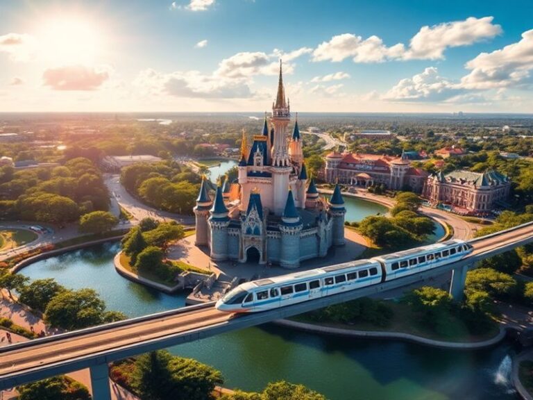 A vibrant daytime aerial view of Walt Disney World Resort in Orlando, Florida, showcasing Magic Kingdom's iconic castle at th