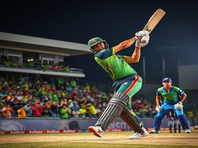 A high-energy cricket match at a packed PSL stadium, featuring Lahore Qalandars in red and Islamabad United in green, with pl