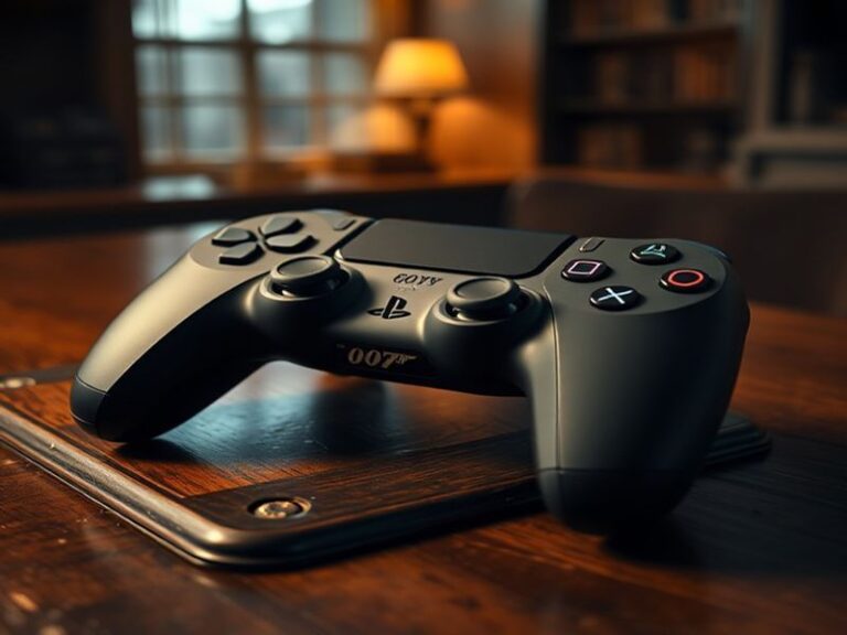 A sleek 007 First Light DualSense Controller displayed on a dark desk with subtle gold accents and the iconic '007' logo illu