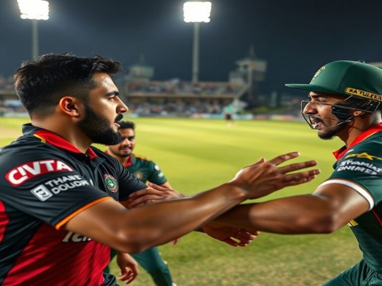 A packed Gaddafi Stadium under lights, with players from Lahore Qalandars and Islamabad United in action during a high-energy