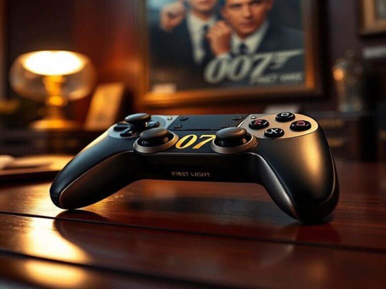 A sleek black DualSense controller with gold accents and the 007 logo, placed on a wooden surface with soft lighting to highl