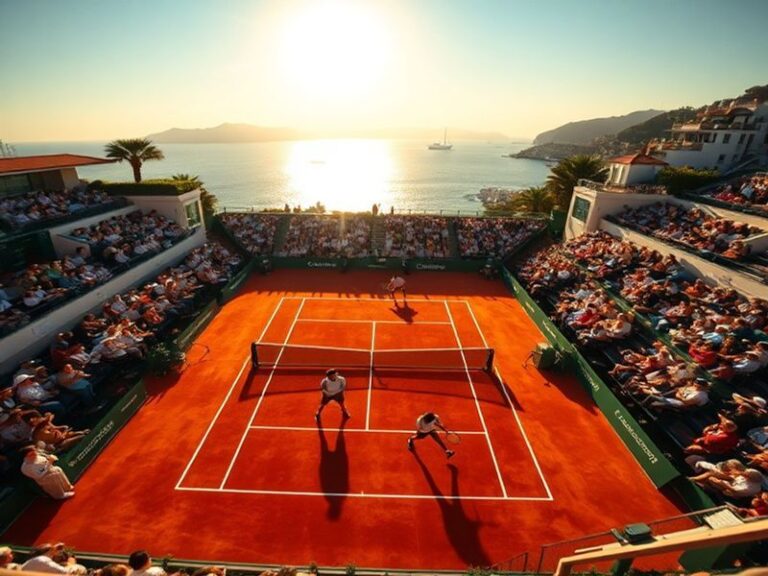 A panoramic view of the Monte Carlo Country Club during the ATP Masters tournament, showing lush green surroundings, clay cou