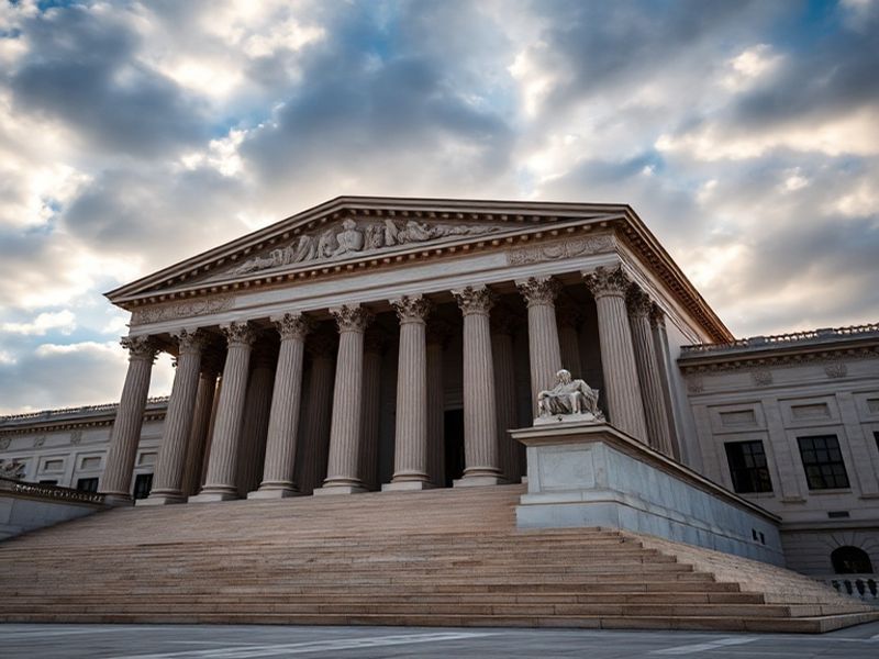 A formal illustration of the Supreme Court building in Washington, D.C., with its grand neoclassical architecture, columns, a
