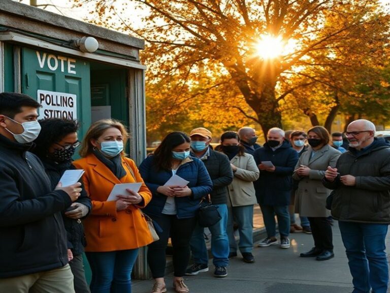 A split-image collage: On the left, a diverse group of people waiting in line at a modern polling station with electronic vot