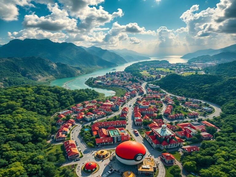 A vibrant, futuristic Pokémon world where players customize Pokémon in a lush, open environment with glowing tools and dynami